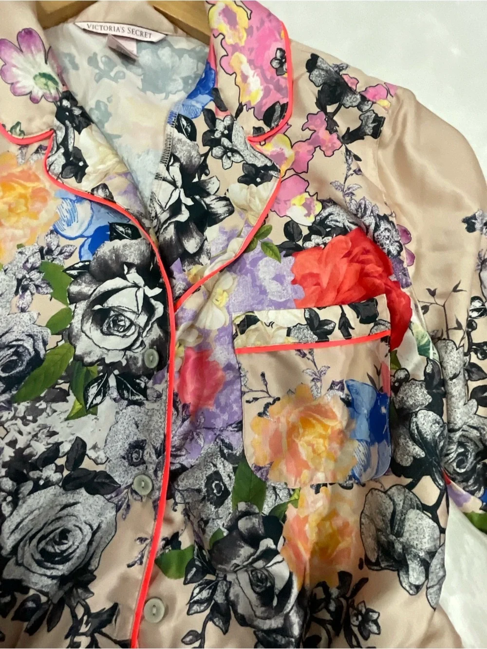 Rare Victoria's Secret Beige Floral Satin Top with Pink and Yellow Accents